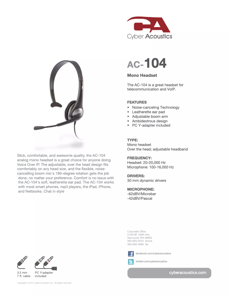 Page 1 de la notice Fiche technique Cyber Acoustics AC-104