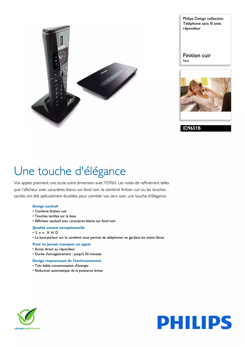 Page 1 de la notice Fiche technique Philips Design collection ID9651B