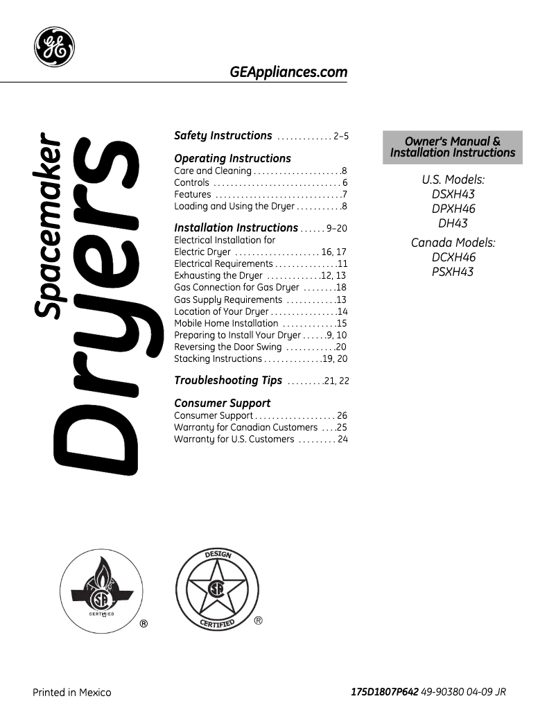 Page 1 de la notice Manuel utilisateur GE DSXH43EFWW
