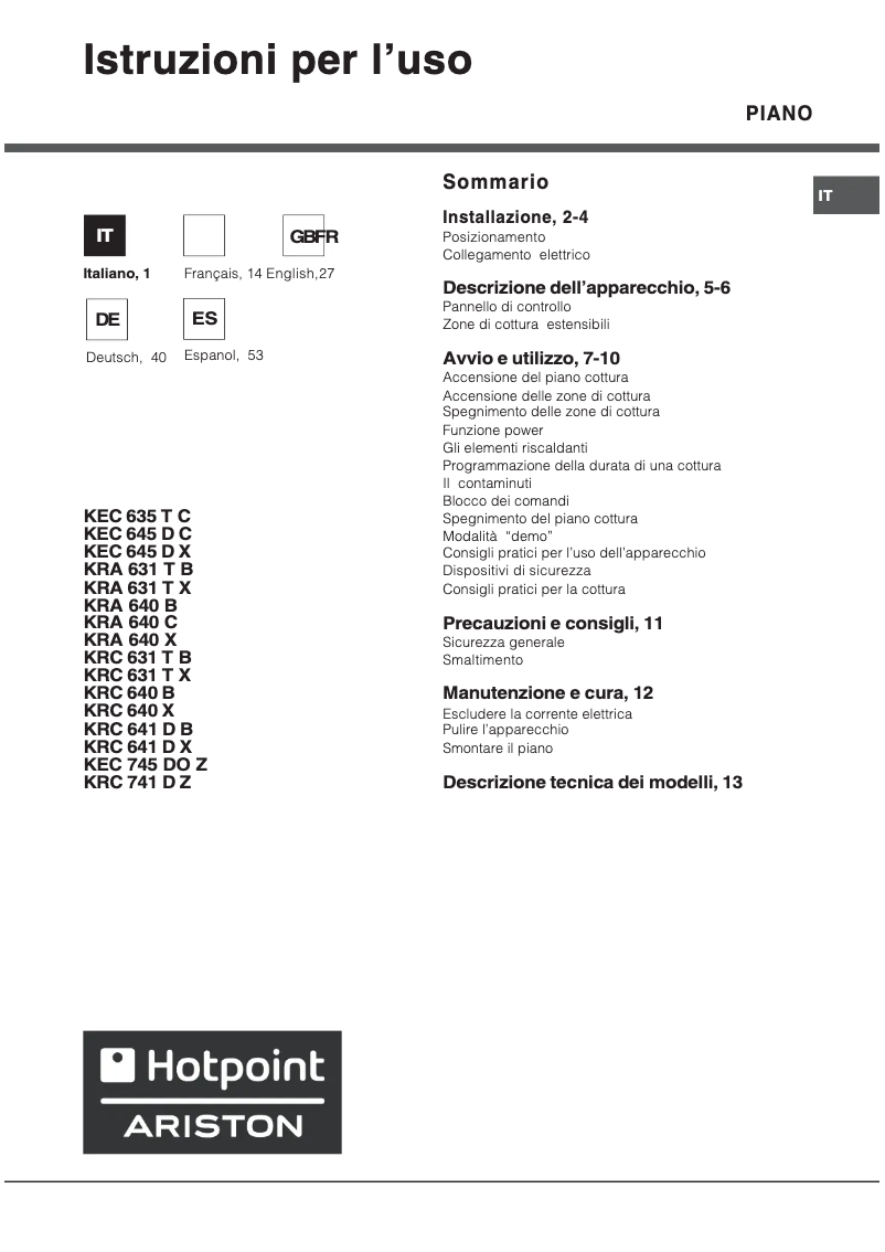 Page n°1 - Manuel utilisateur Hotpoint Ariston KRA 631 TX