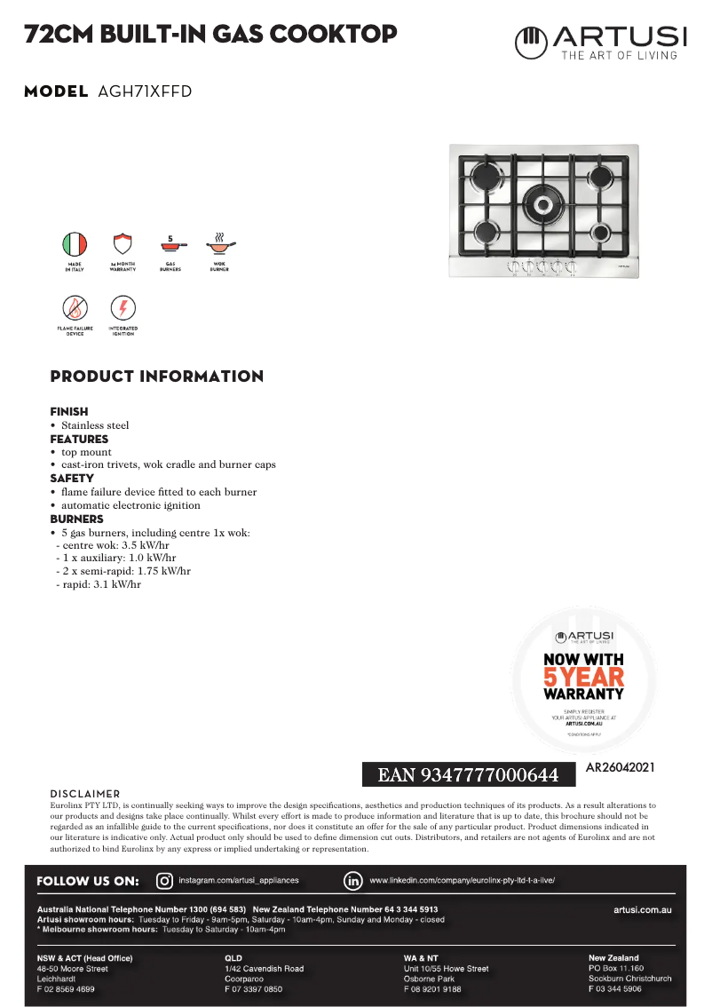 Page 1 de la notice Fiche technique Artusi AGH71XFFD
