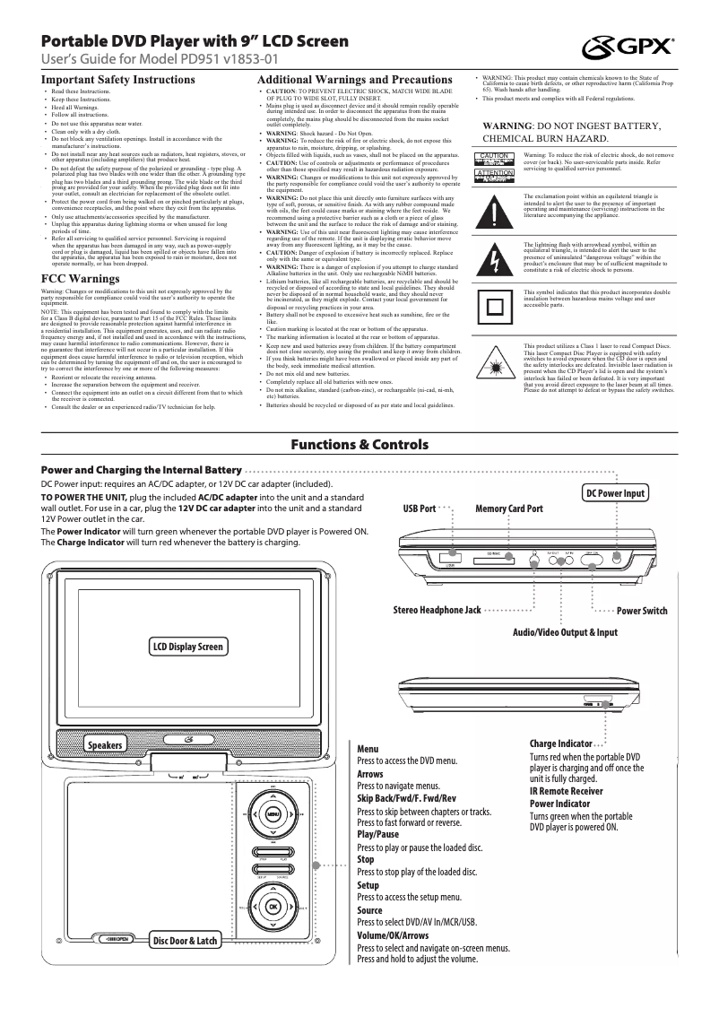 Page 1 de la notice Manuel utilisateur GPX PD951B