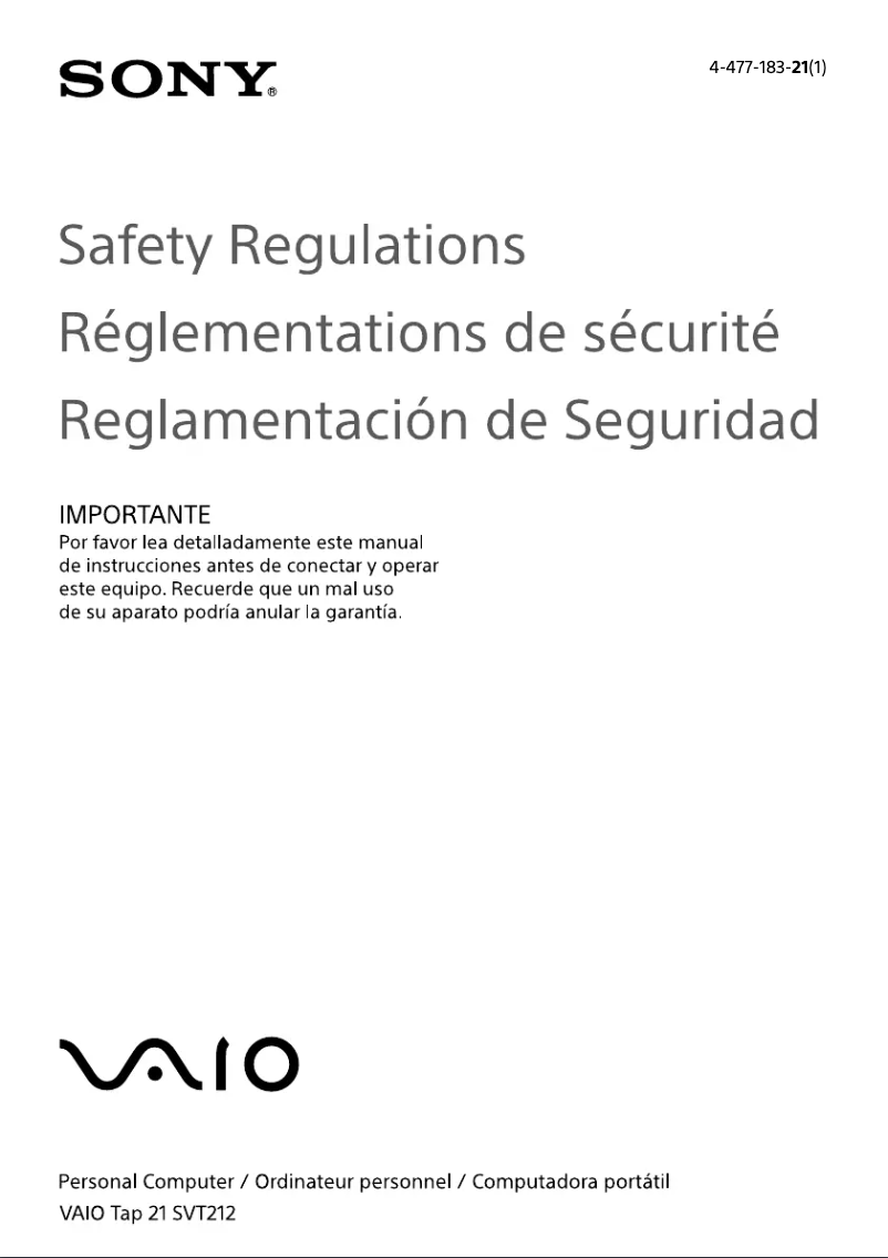 Page n°1 - Instructions de sécurité Sony Vaio Tab 21 SVT21215CXB