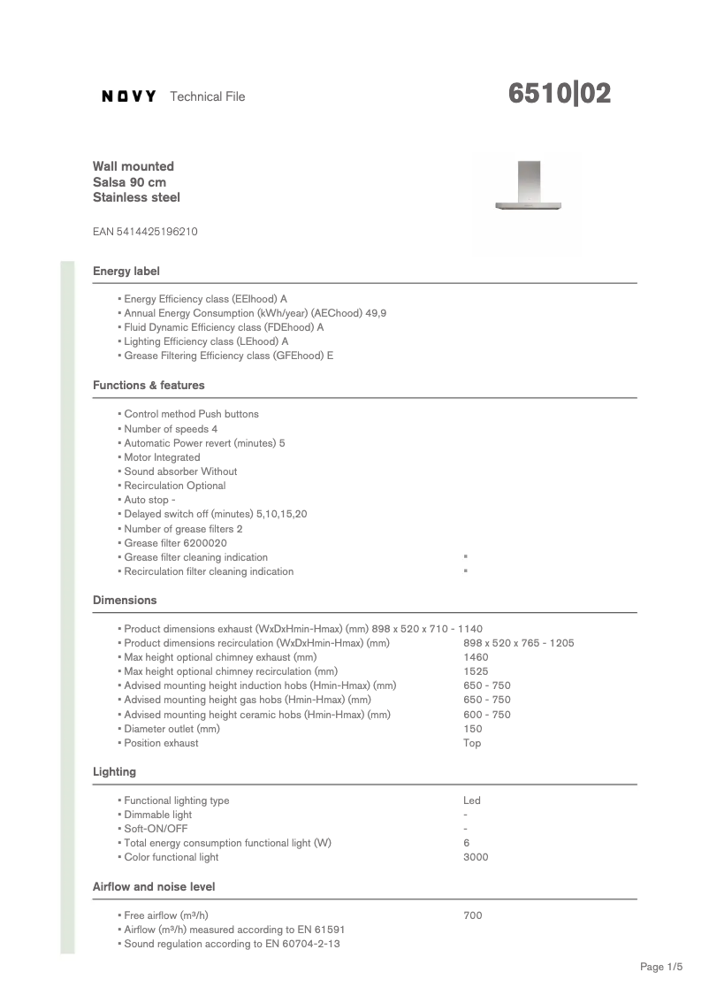 Page 1 de la notice Fiche technique Novy Salsa 6510