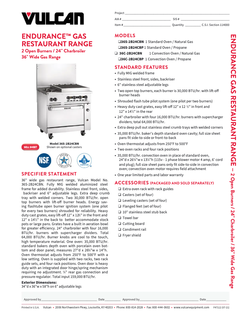 Página 1 del manual Ficha técnica Vulcan 36S-2B24CB