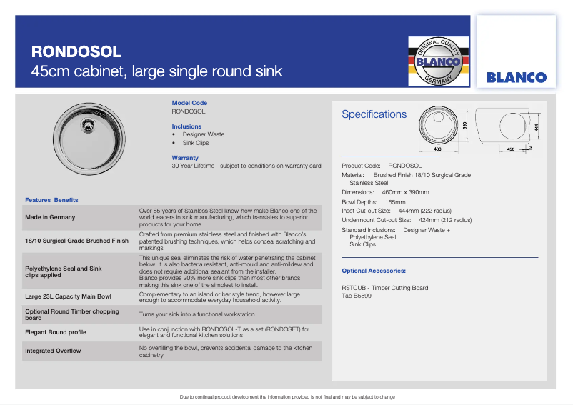 Page 1 de la notice Fiche technique BLANCO RONDOSOL