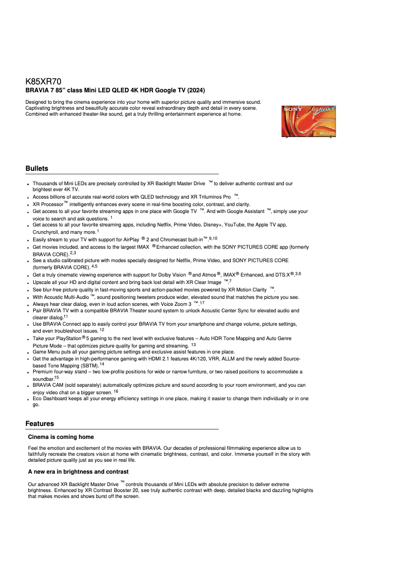 Page 1 de la notice Fiche technique Sony Bravia K-85XR70