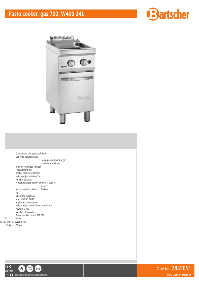 Página 1 del manual Ficha técnica Bartscher 2853051