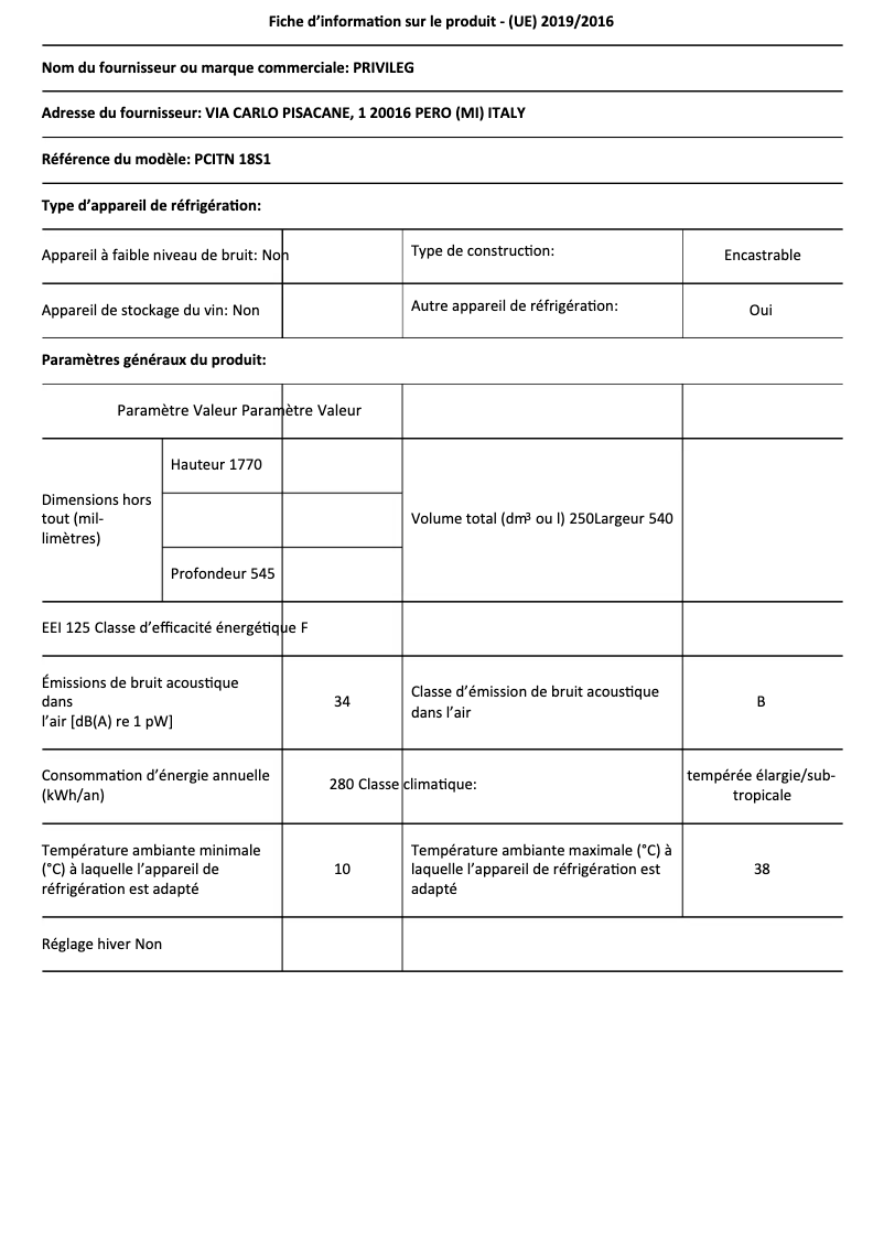 Page 1 de la notice Fiche technique Privileg PCITN 18S1