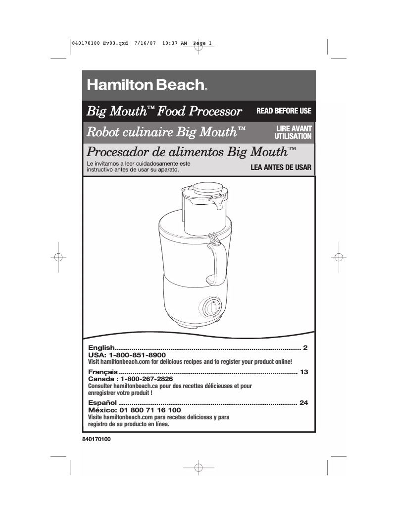 Page n°1 - Manuel utilisateur Hamilton Beach 70595