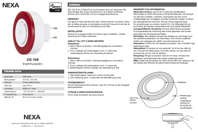 Page 1 de la notice Manuel utilisateur Nexa ZIS-104
