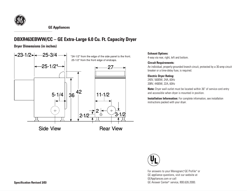 Page n°1 - Fiche technique GE DBXR463EBCC
