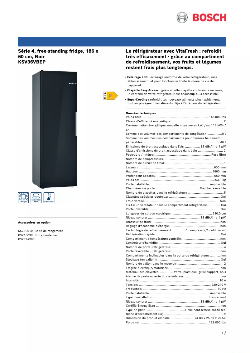 Page 1 of the manual Technical Sheet Bosch KSV36VBEP