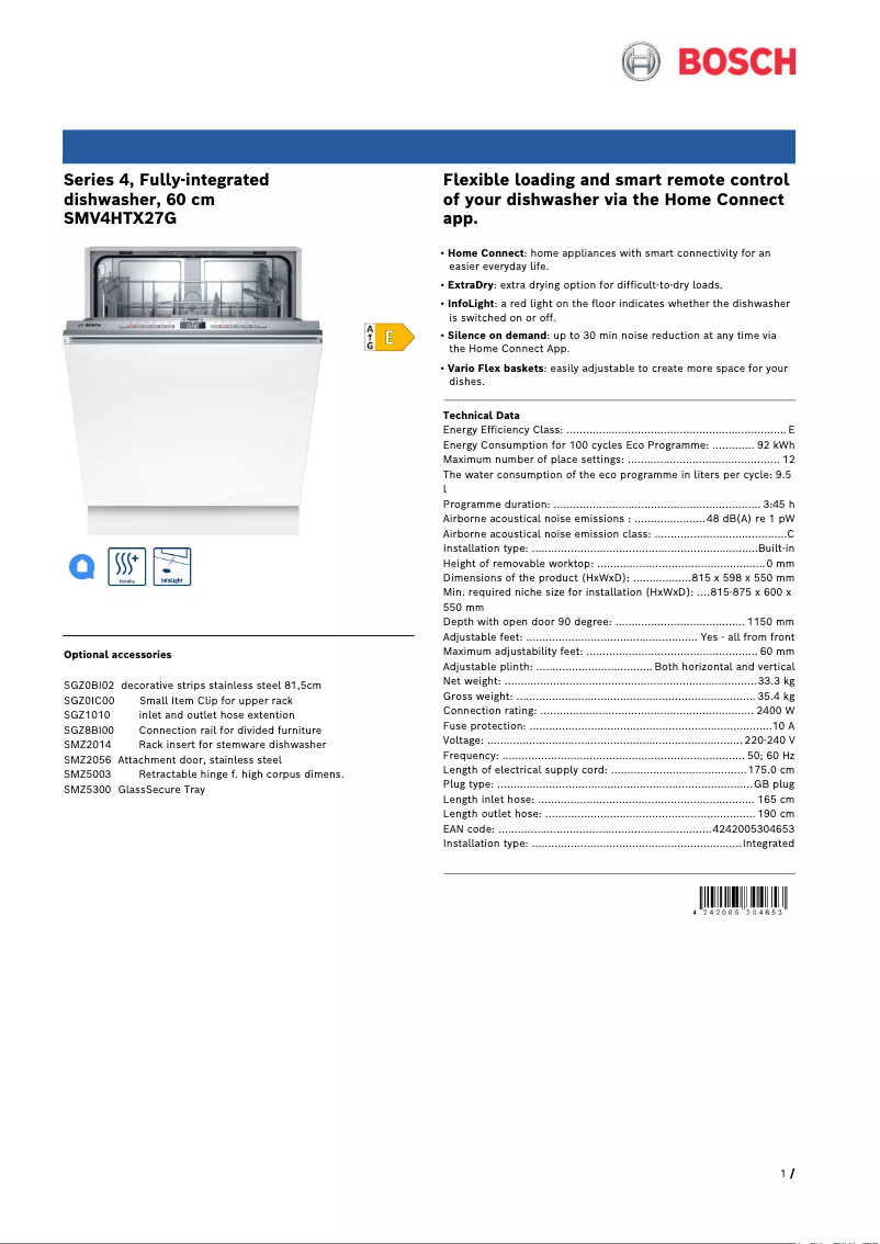 Page n°1 - Fiche technique Bosch SMV4HTX27G