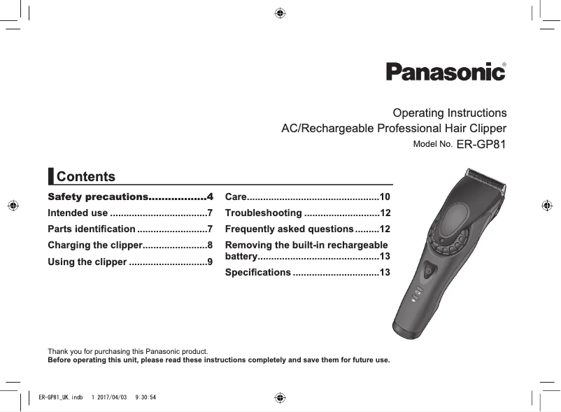 Page n°1 - Manuel utilisateur Panasonic ER-GP81