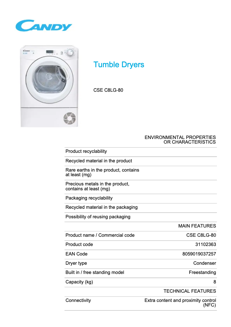 Page 1 de la notice Fiche technique Candy CSE C8LG-80