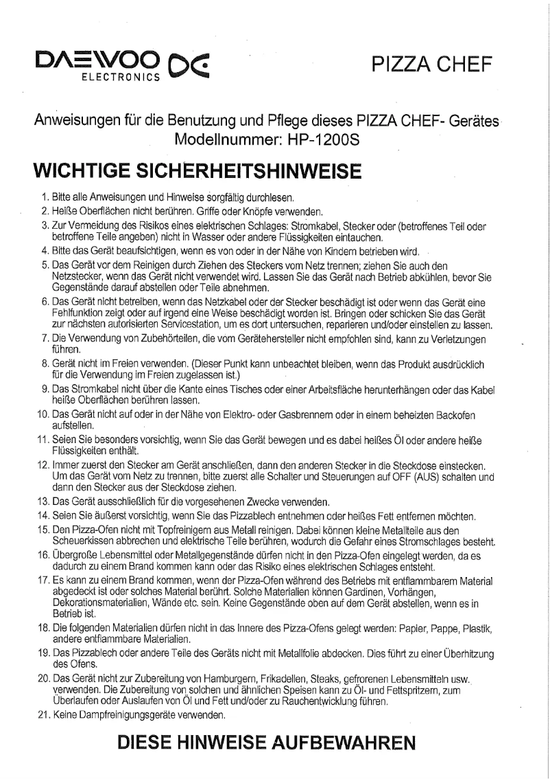 Page 1 de la notice Manuel utilisateur Daewoo HP 1200S Pizza Chef