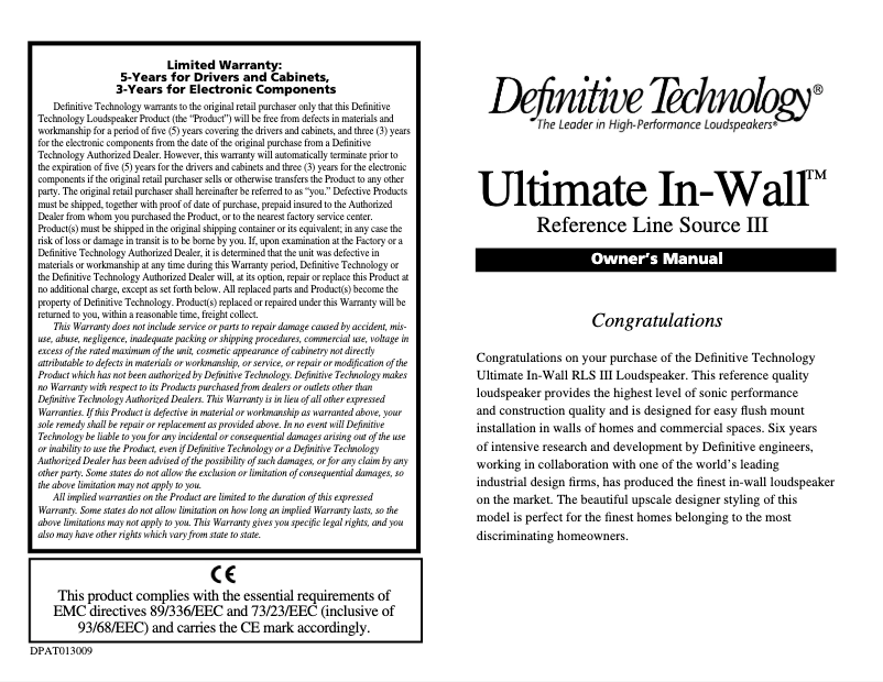 Page 1 de la notice Manuel utilisateur Definitive Technology RLS III