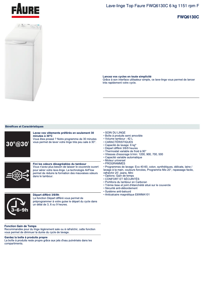 Page 1 de la notice Fiche technique Faure FWQ6130C