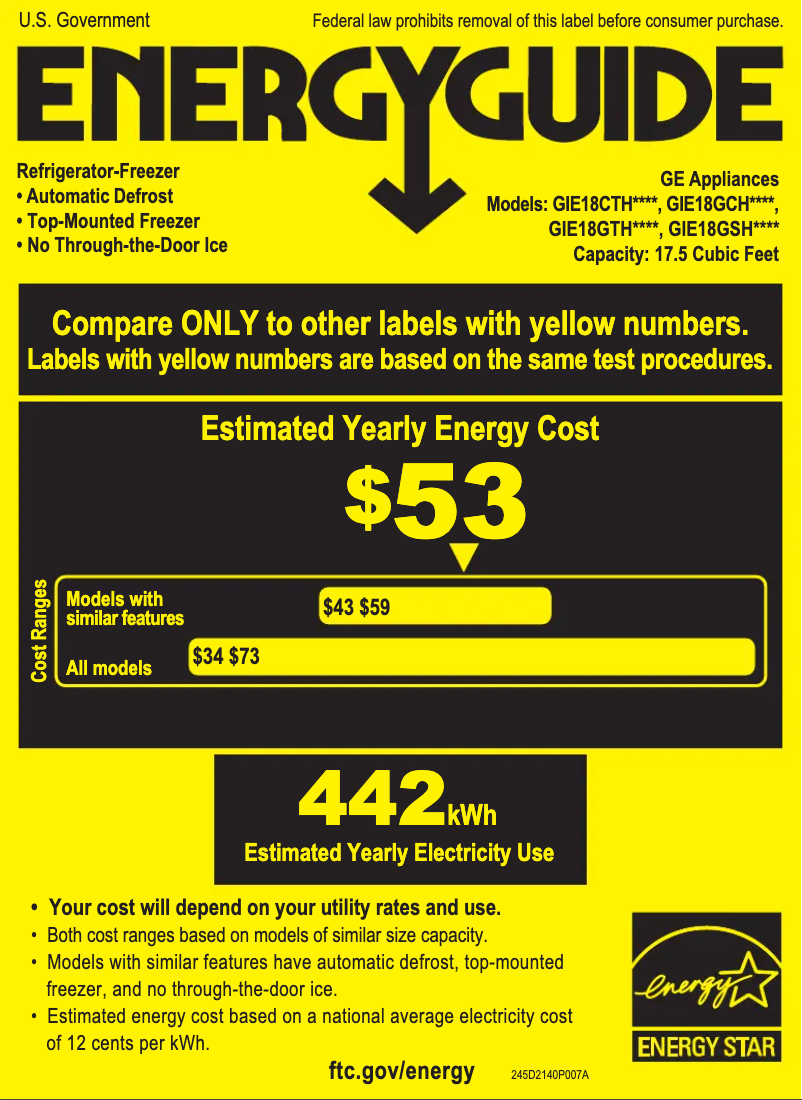 Page 1 of the manual Energy Label GE GIE18GSHSS