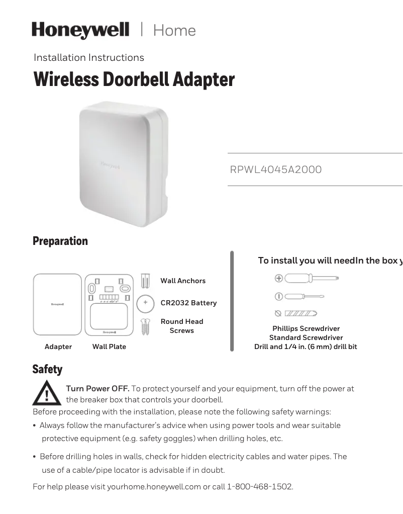 Page 1 de la notice Mode d'emploi Honeywell RPWL4045A2000