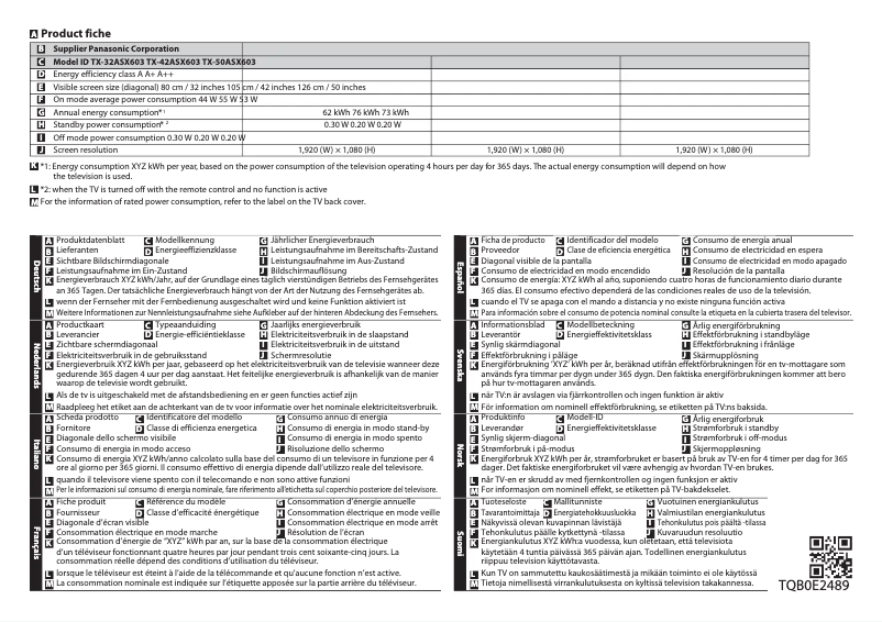 Page 1 de la notice Fiche technique Panasonic Viera TX-50ASX603