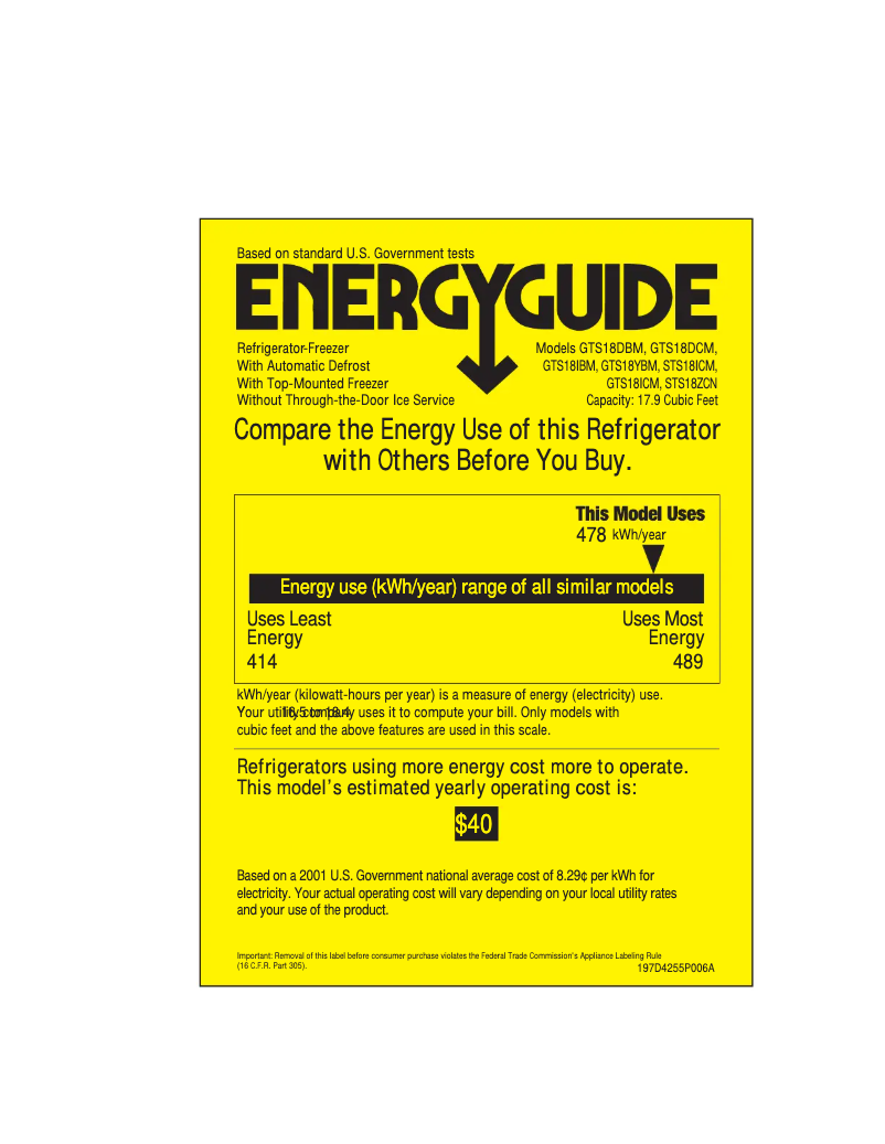 Page n°1 - Label énergétique GE GTS18DCMLAA