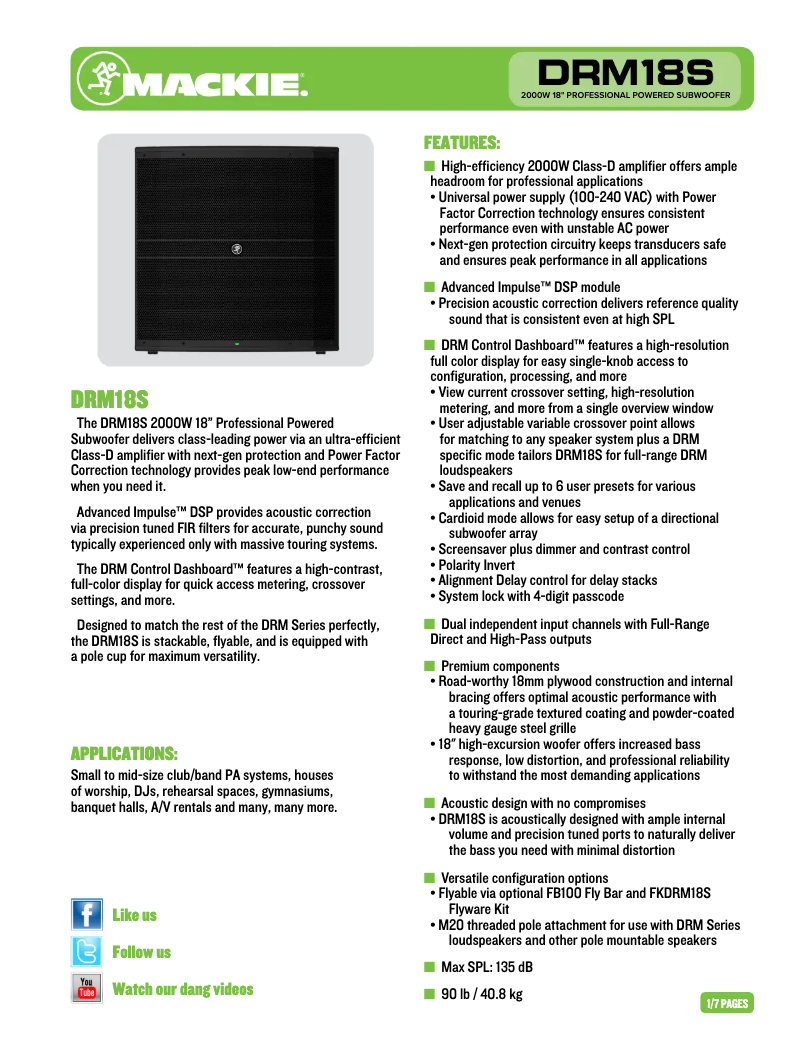 Page n°1 - Fiche technique Mackie DRM18S