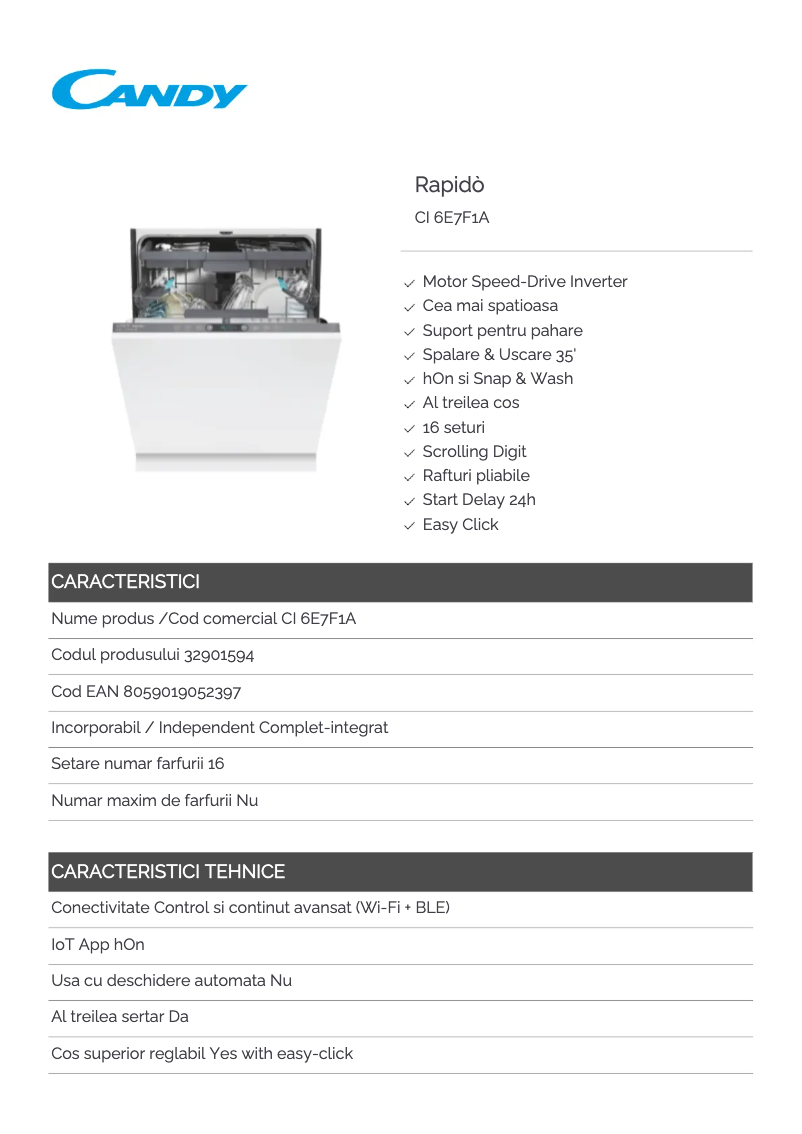 Page 1 de la notice Fiche technique Candy CI 6E7F1A