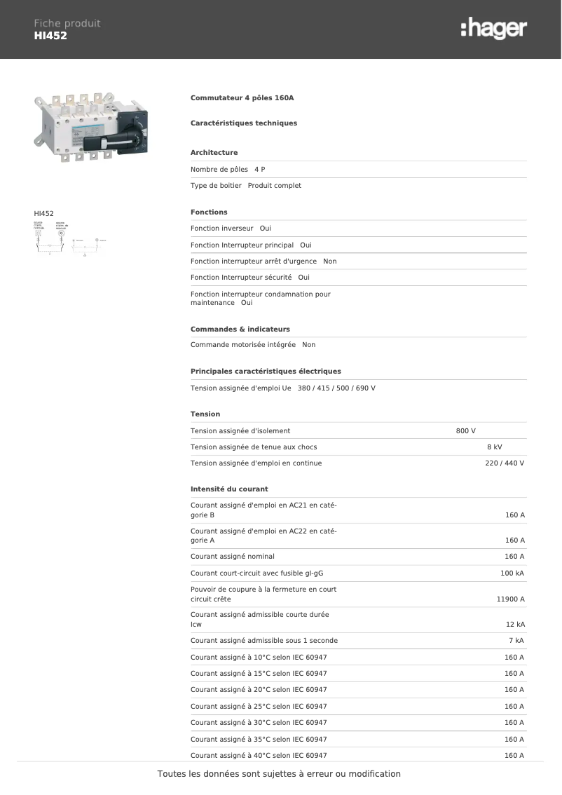 Page n°1 - Fiche technique Hager HI452