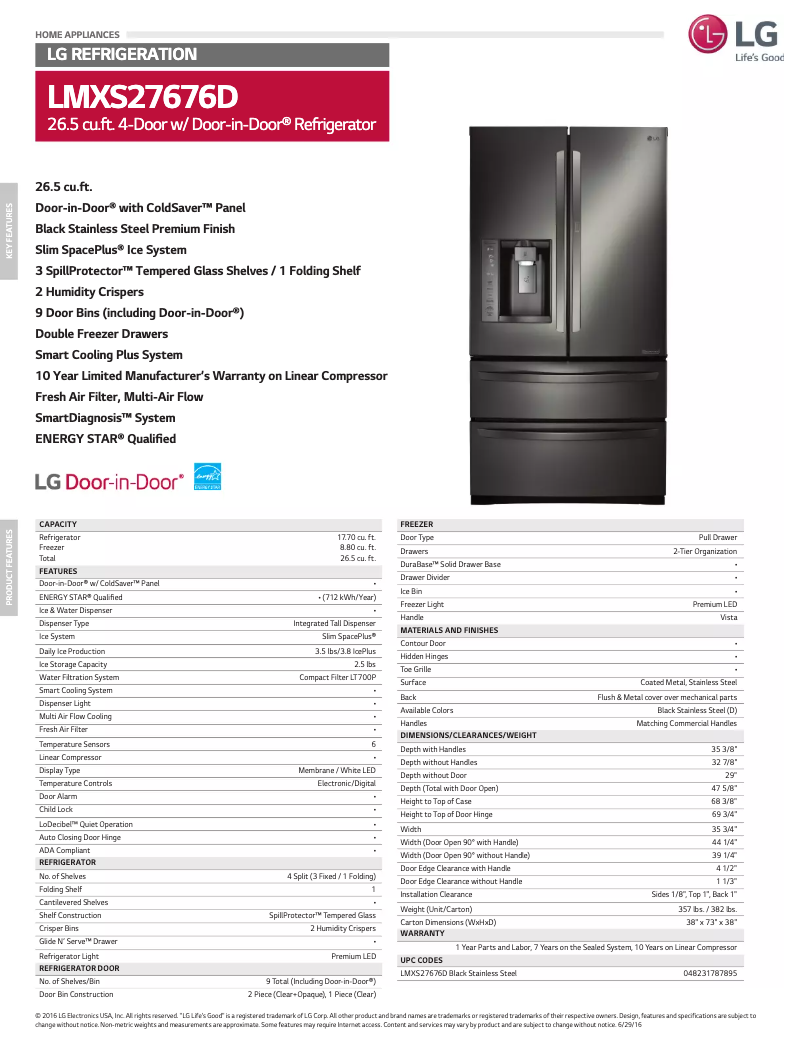 Page 1 de la notice Fiche technique LG LMXS27676