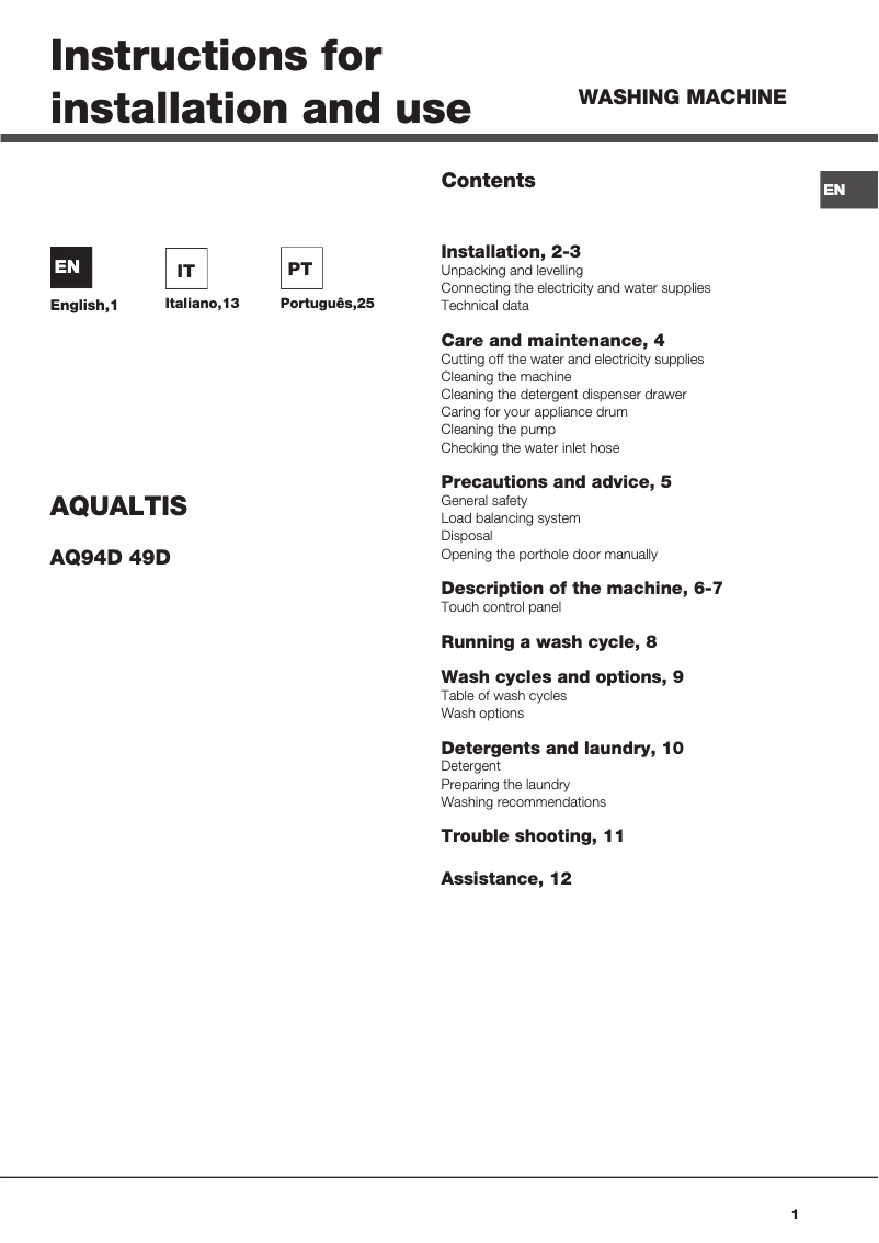 Page n°1 - Manuel utilisateur Hotpoint AQ94D 49 D EU/A