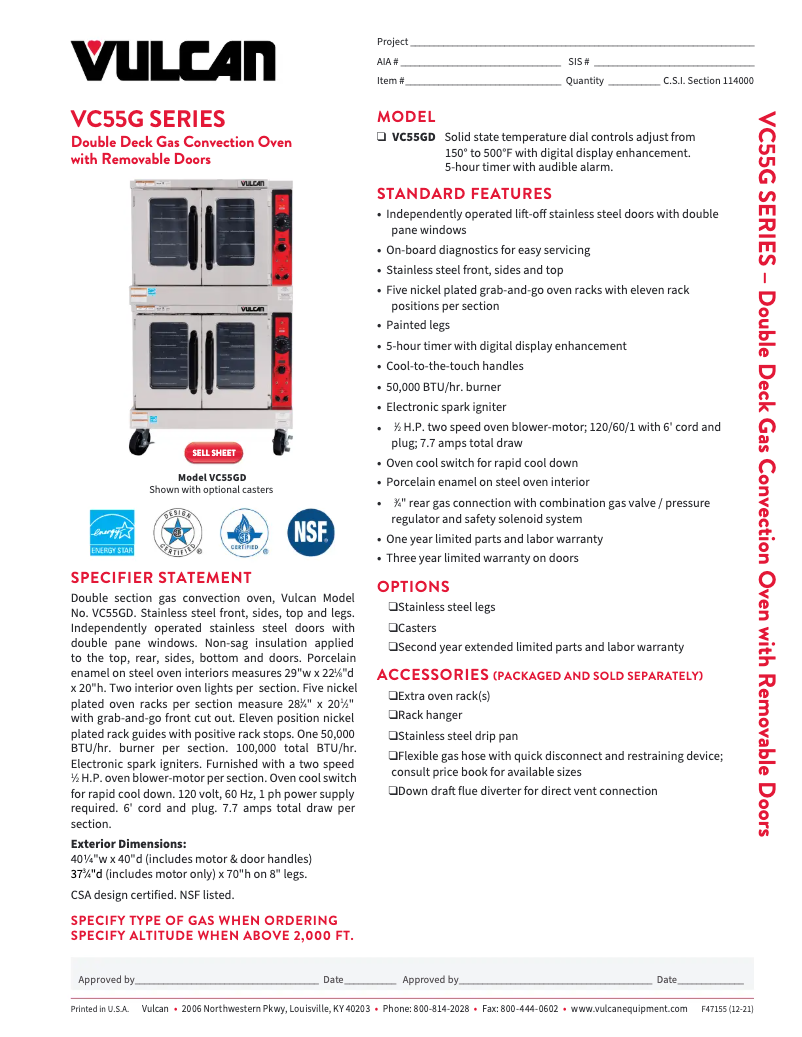 Page 1 de la notice Fiche technique Vulcan VC55GD