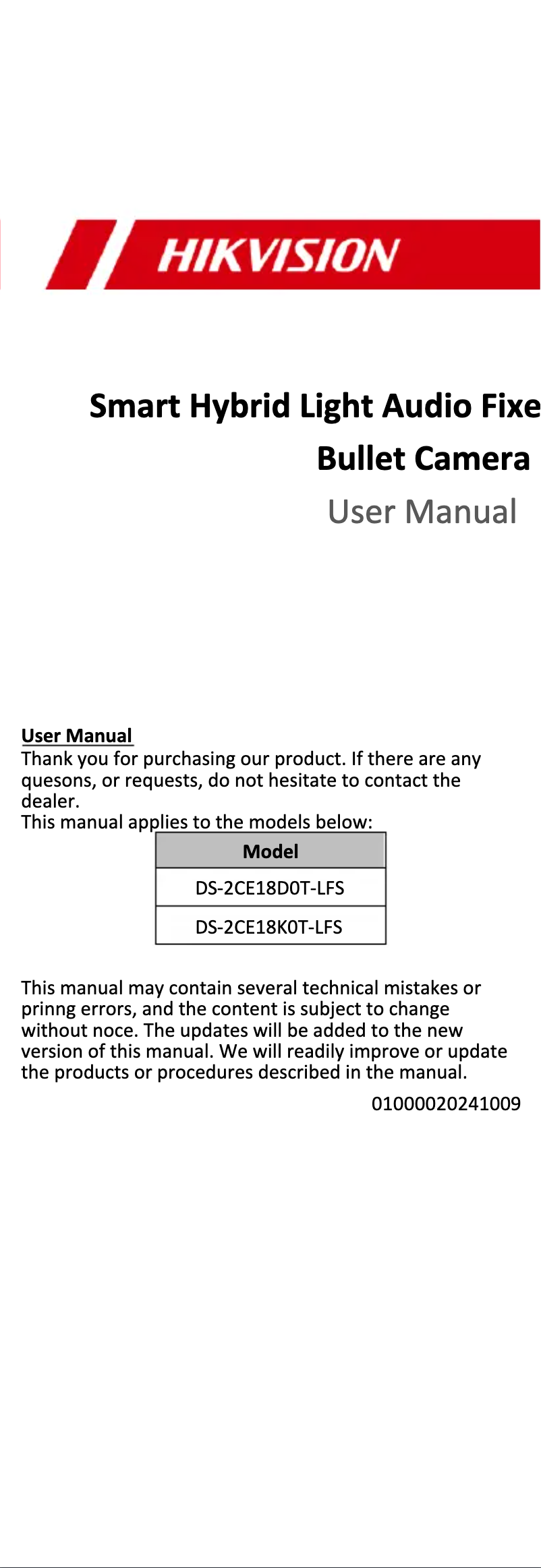 Page 1 de la notice Manuel utilisateur Hikvision DS-2CE18K0T-LFS