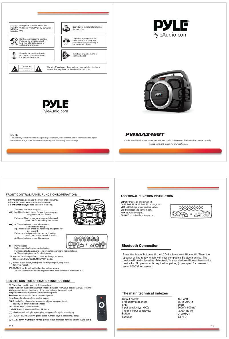 Page 1 de la notice Manuel utilisateur Pyle PWMA245BT