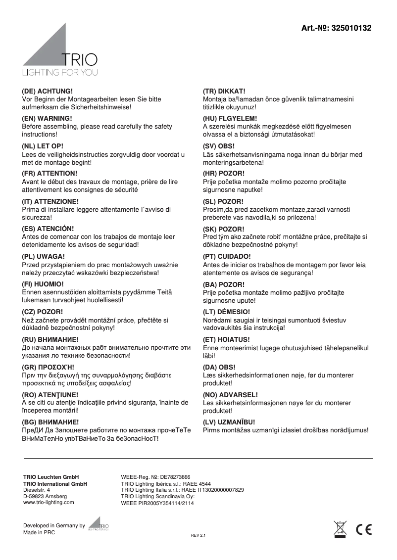 Page n°1 - Manuel utilisateur Trio Lighting Carrera 325010105