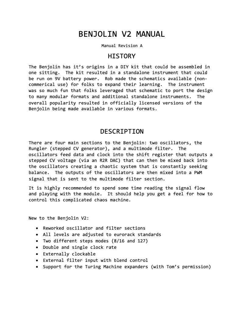 Image de la première page du manuel de l'appareil Benjolin V2