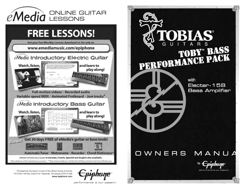 Page n°1 - Manuel utilisateur Epiphone Toby Bass Performance Pack