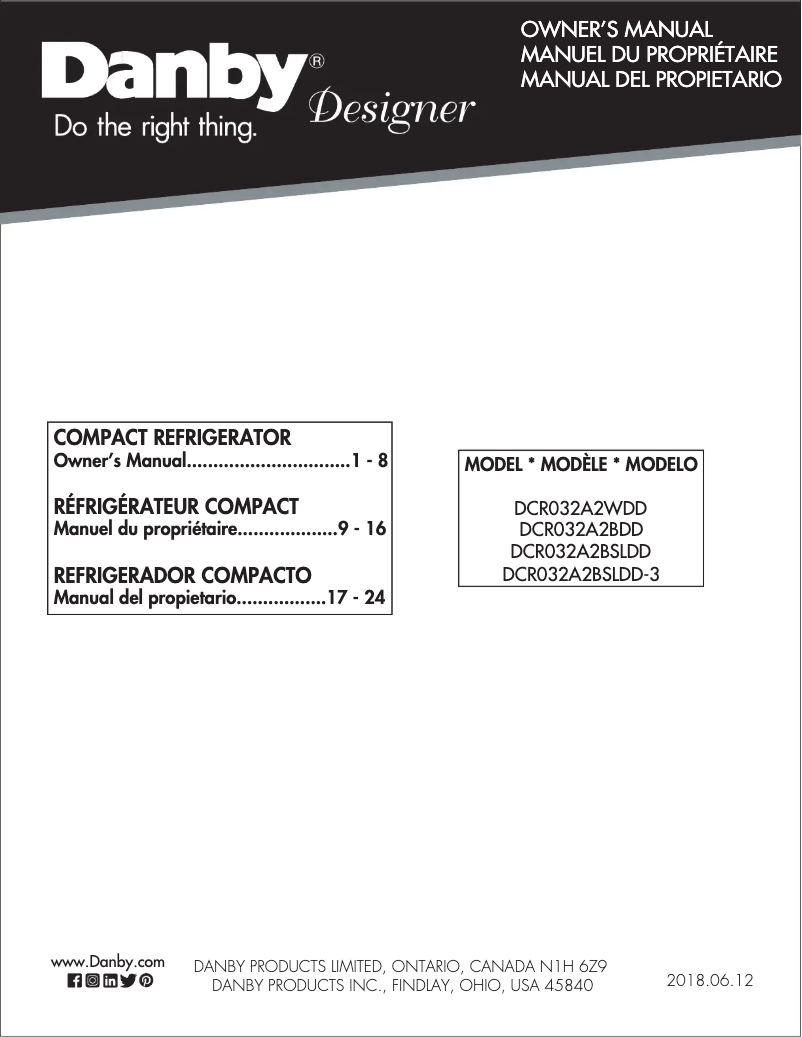 Page n°1 - Manuel utilisateur Danby Designer DCR032A2BSLDD