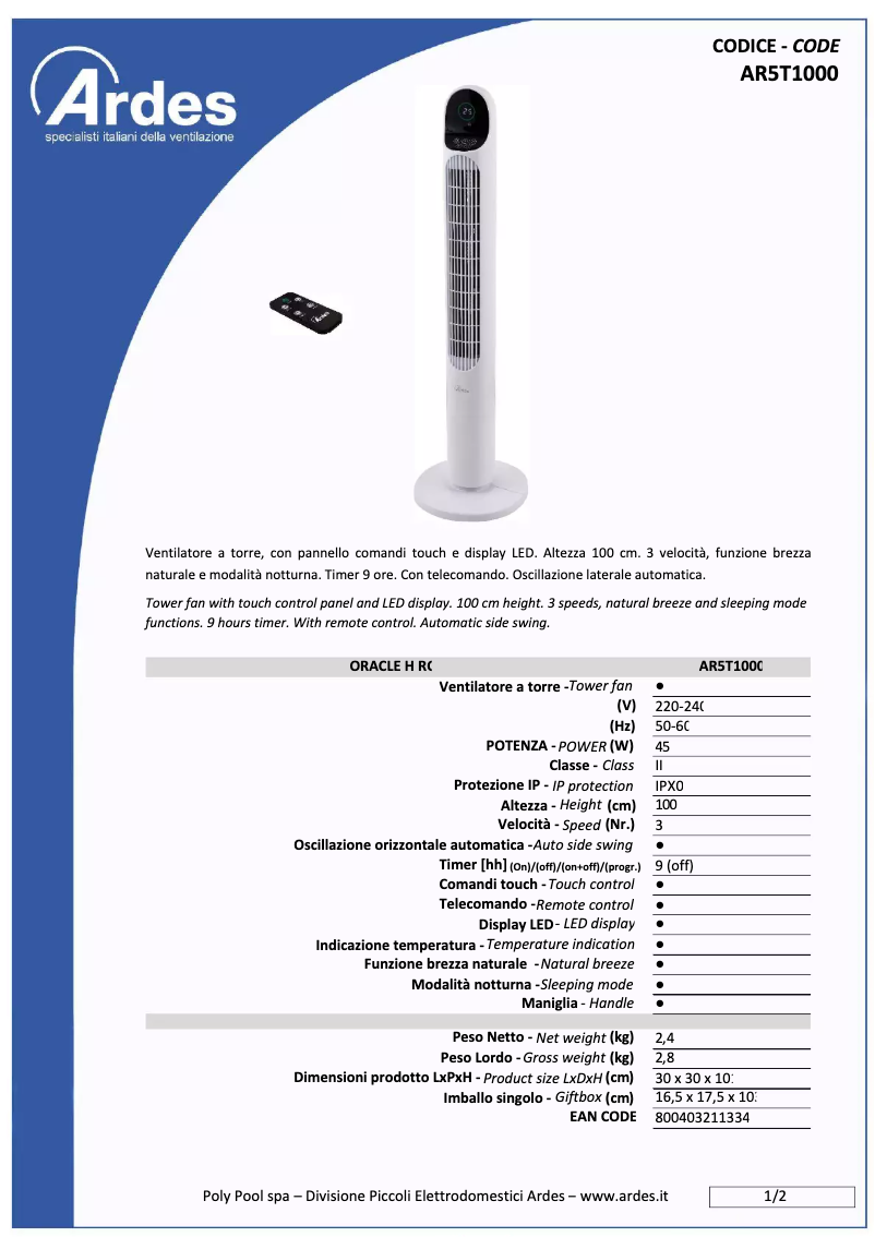 Page n°1 - Fiche technique Ardes AR5T1000