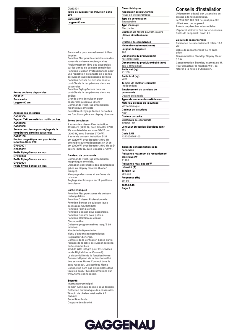 Página 1 del manual Ficha técnica Gaggenau CI292101