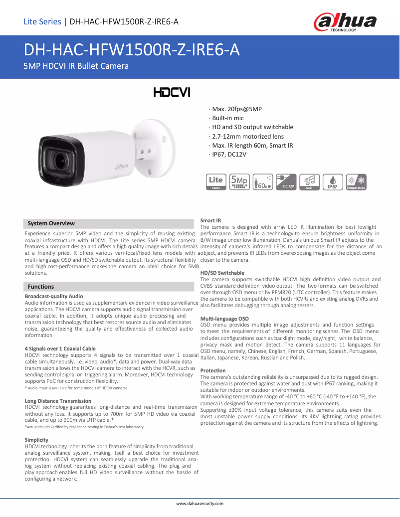 Image de la première page du manuel de l'appareil HAC-HFW1500R-Z-IRE6-A