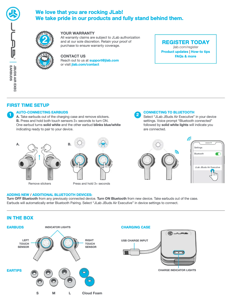 Page 1 de la notice Manuel utilisateur JLab JBuds Air Executive