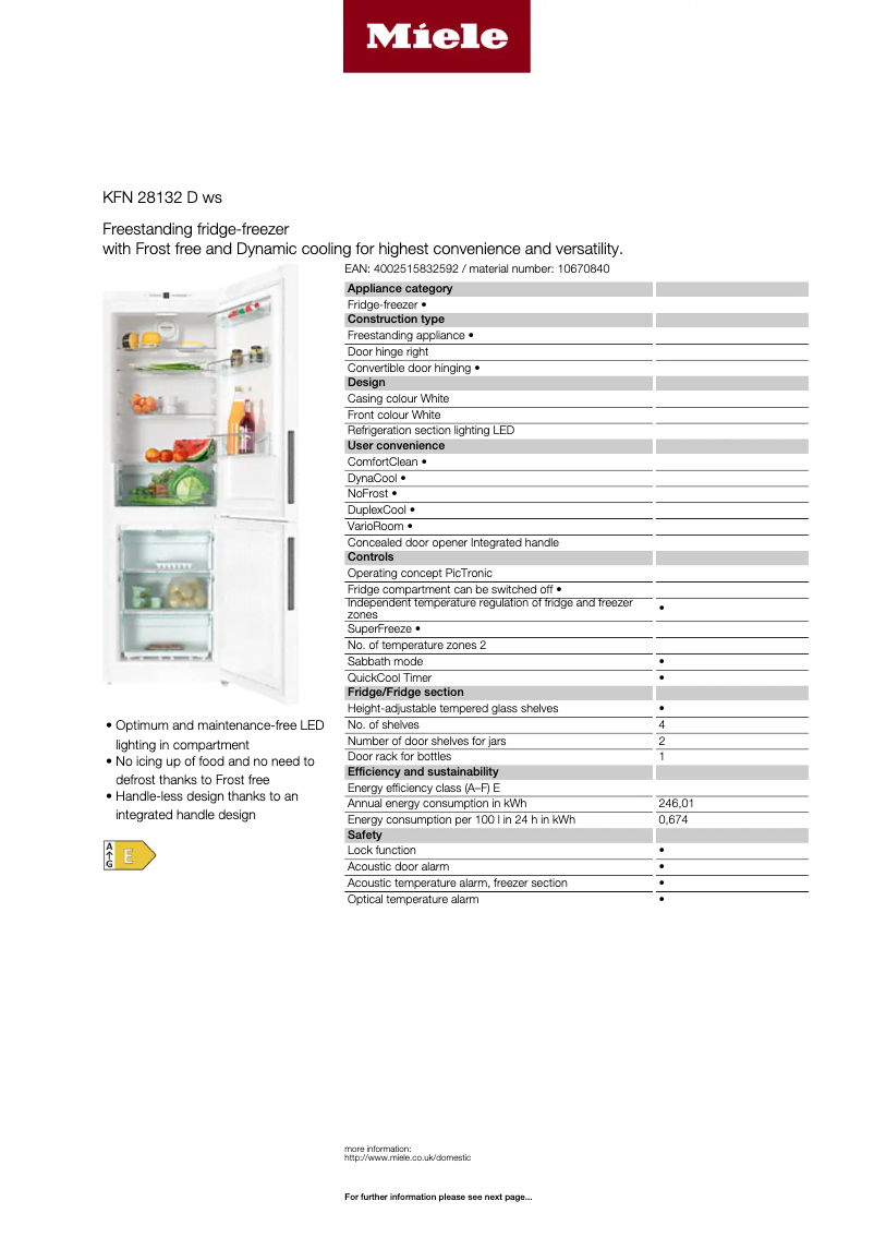 Page 1 de la notice Fiche technique Miele KFN 28132 D WS