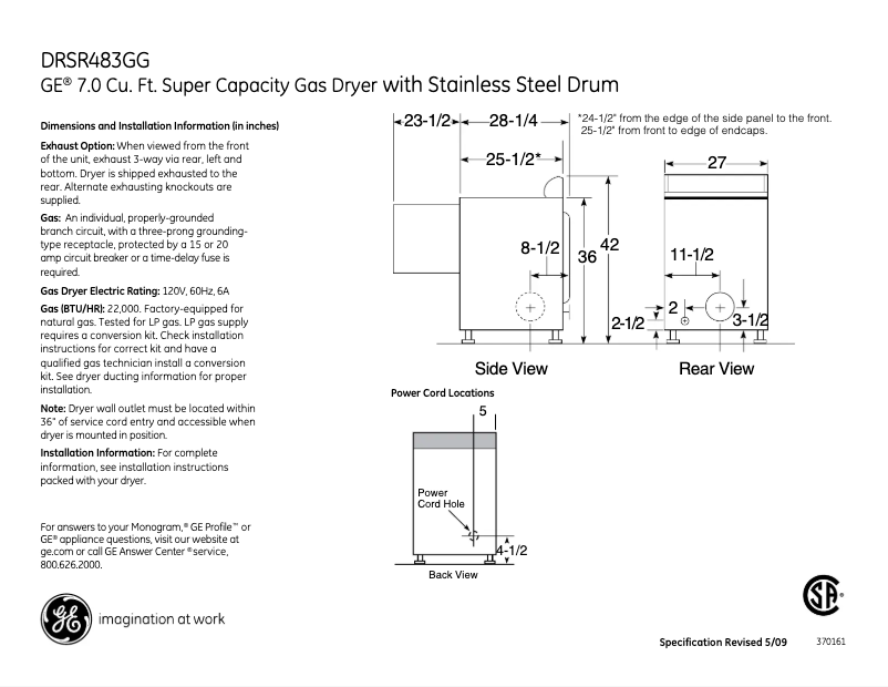 Página 1 del manual Ficha técnica GE DRSR483GGCC
