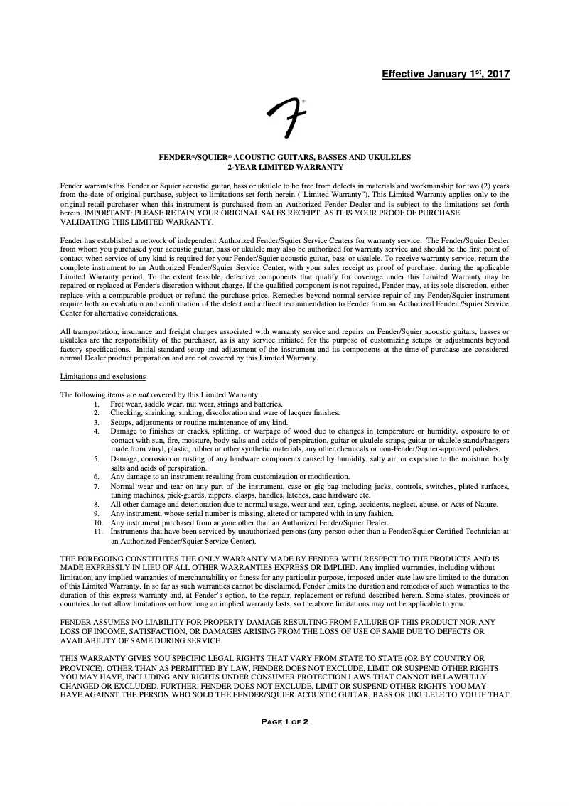 Página 1 del manual Información de garantía Fender American Acoustasonic