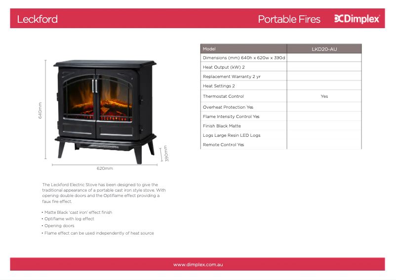 Page 1 de la notice Fiche technique Dimplex LKD20-AU