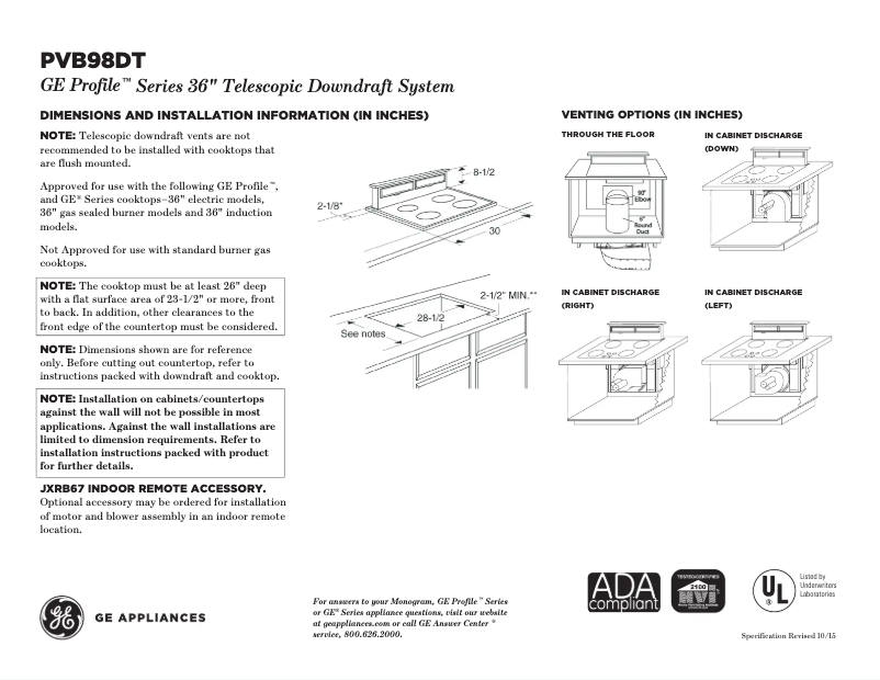 Page 1 of the manual Technical Sheet GE Profile PVB98DTBB