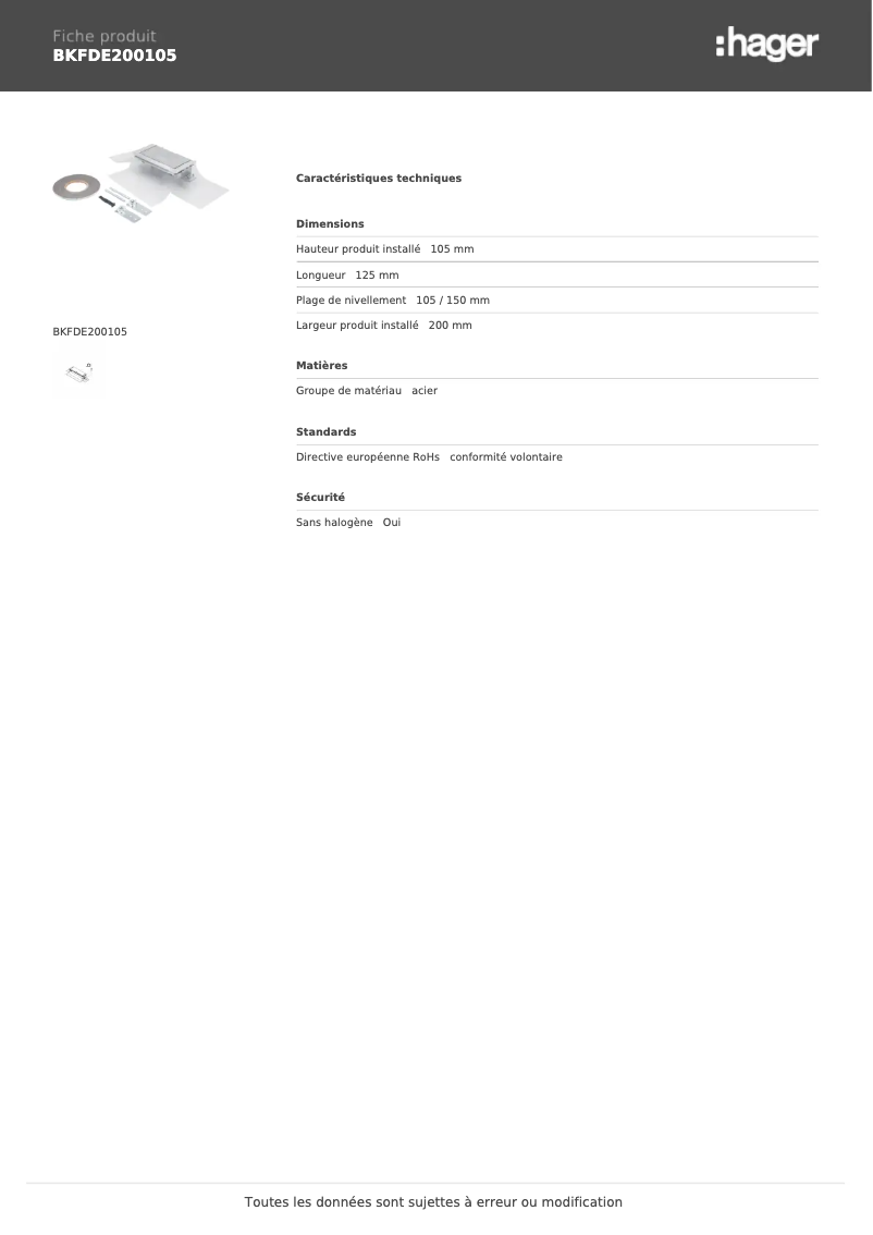 Page 1 de la notice Fiche technique Hager BKFDE200105