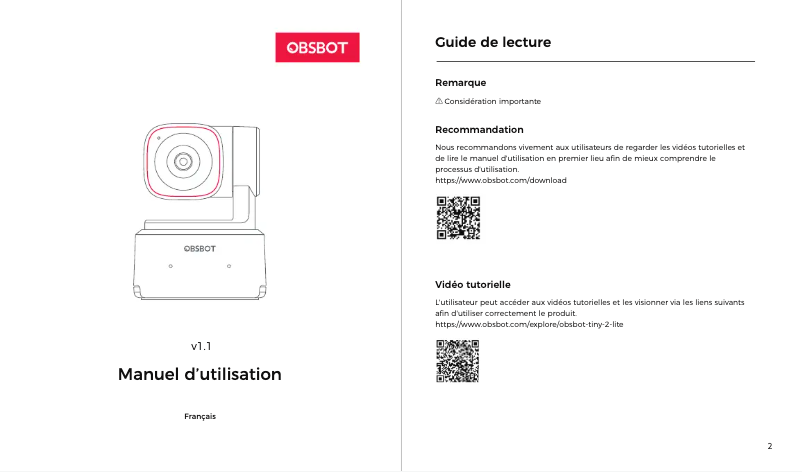 Page 1 de la notice Manuel utilisateur OBSBOT Tiny 2 Lite